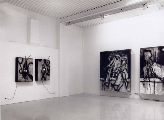 Wolf Vostell, La caduta del muro, mixed media on canvas and on wood, video, 1991, STUDIO STEFANIA MISCETTI, exhibition view