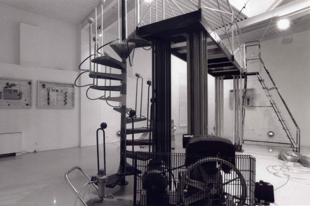 Claudio Pieroni, Sala Macchine, steel, pvc tube, air compressors, wooden elements and drawings, 1992, STUDIO STEFANIA MISCETTI, exhibition view